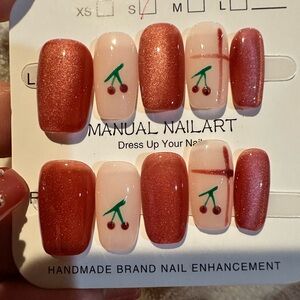 Glossy Red and Cream Nail Art with Cherry Design
